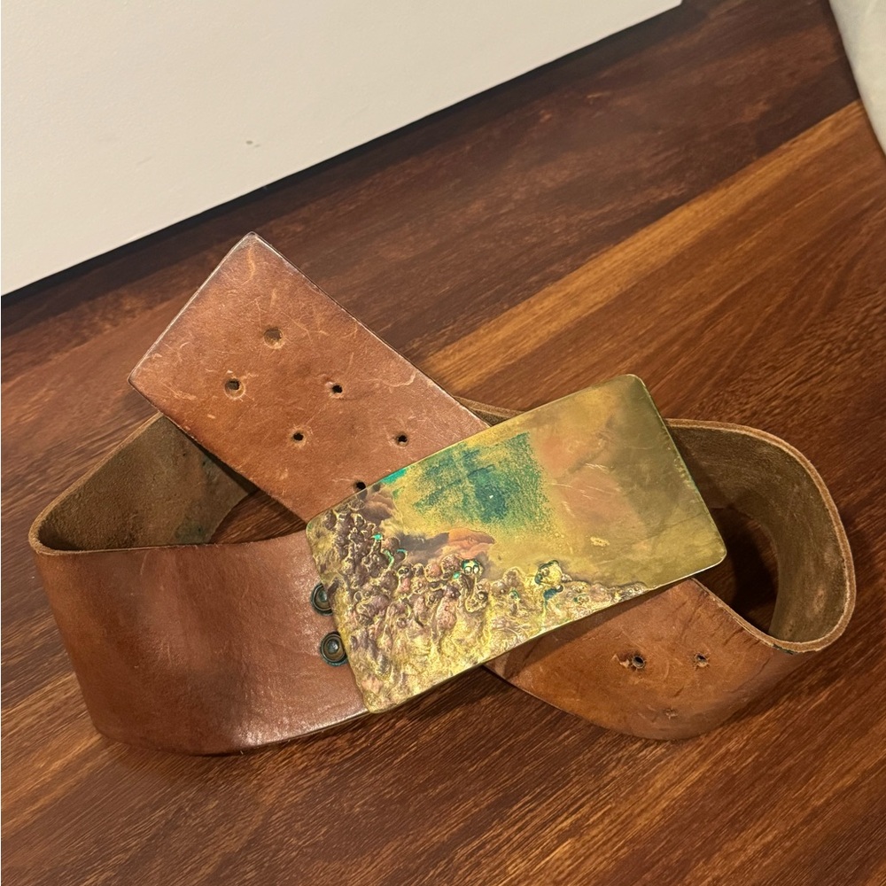 Brown Leather Belt with Gold Buckle